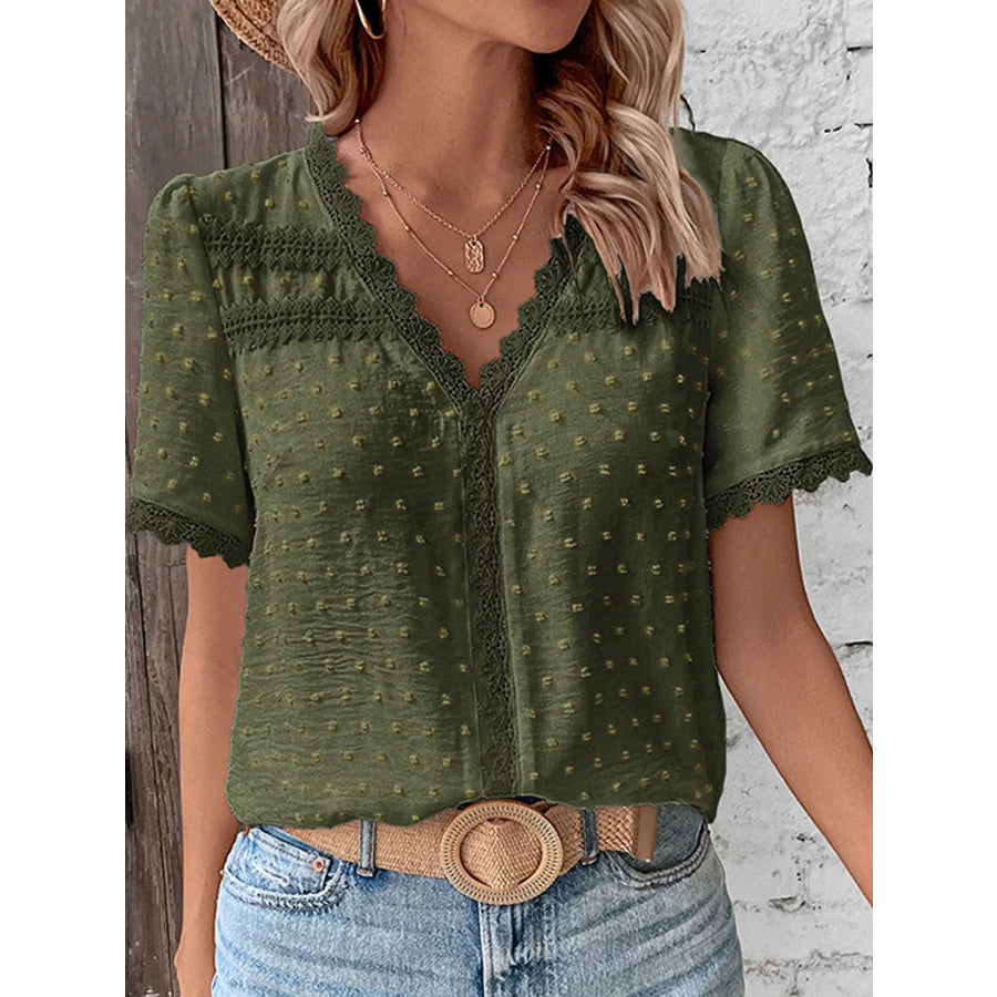Elegant Swiss Dot V-Neck Blouse with Lace Trim Apparel and Accessories