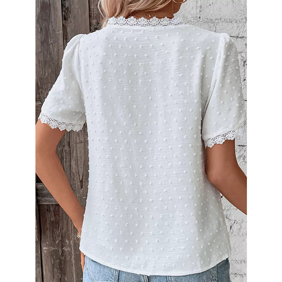 Elegant Swiss Dot V-Neck Blouse with Lace Trim Apparel and Accessories