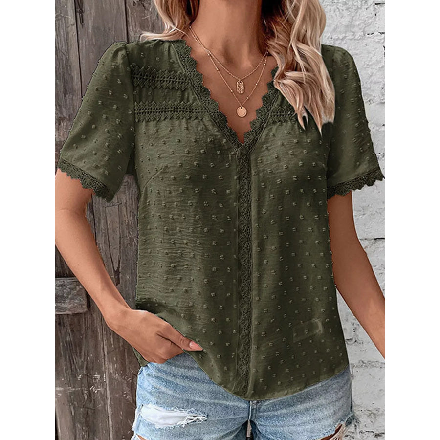 Elegant Swiss Dot V-Neck Blouse with Lace Trim Apparel and Accessories