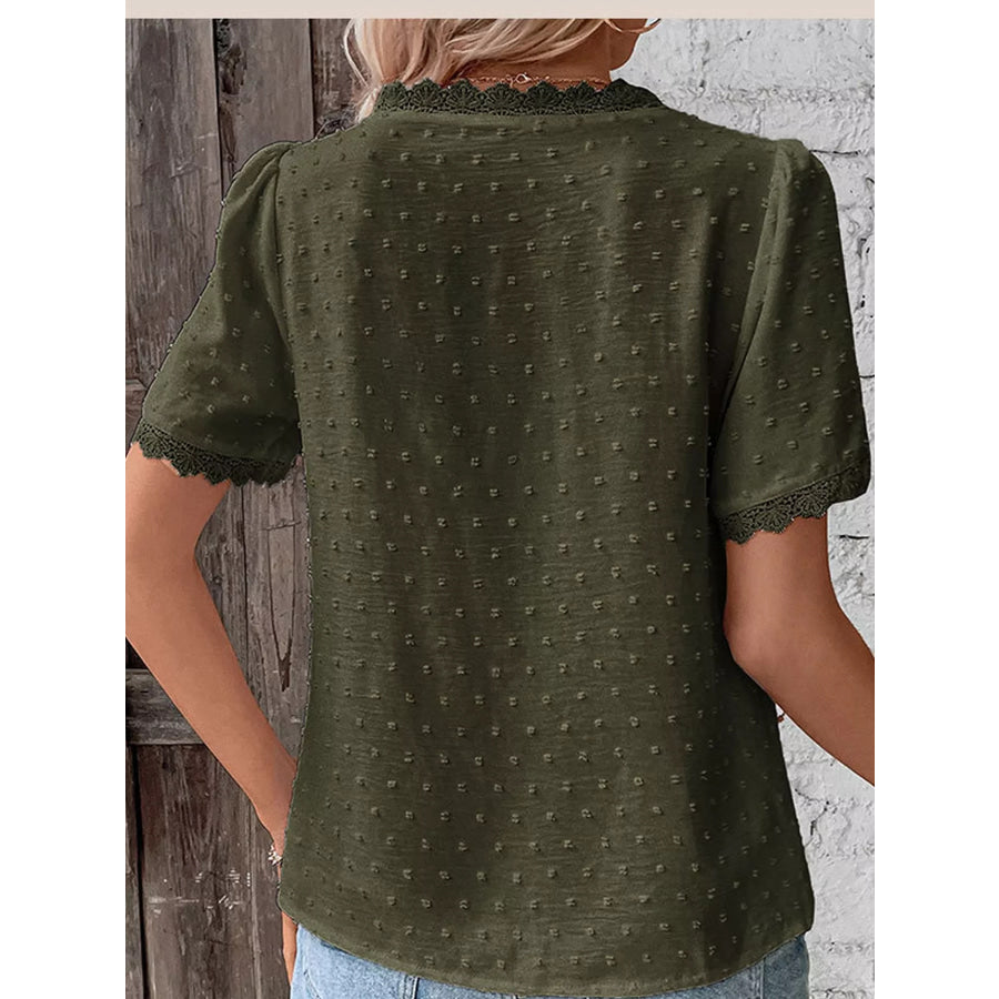 Elegant Swiss Dot V-Neck Blouse with Lace Trim Apparel and Accessories