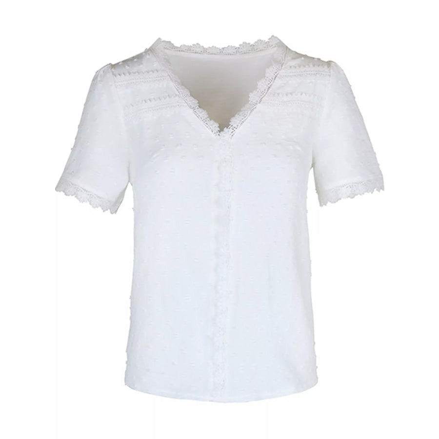 Elegant Swiss Dot V-Neck Blouse with Lace Trim Apparel and Accessories