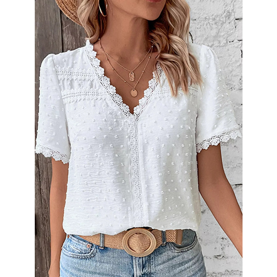 Elegant Swiss Dot V-Neck Blouse with Lace Trim Apparel and Accessories