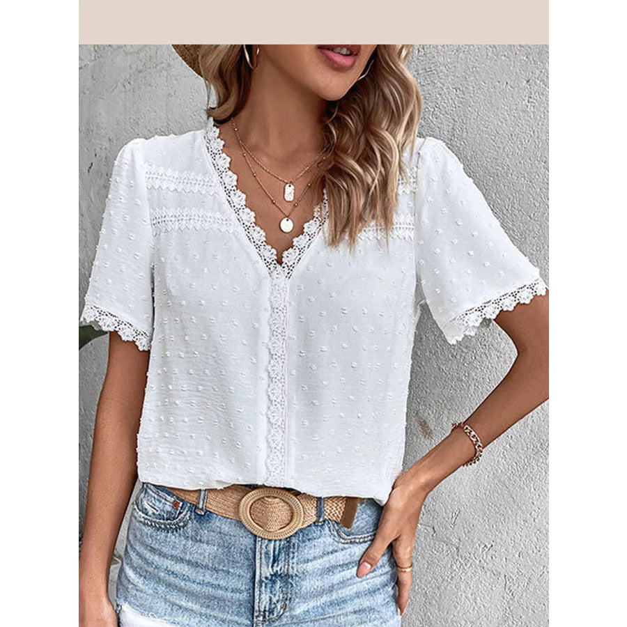 Elegant Swiss Dot V-Neck Blouse with Lace Trim Apparel and Accessories