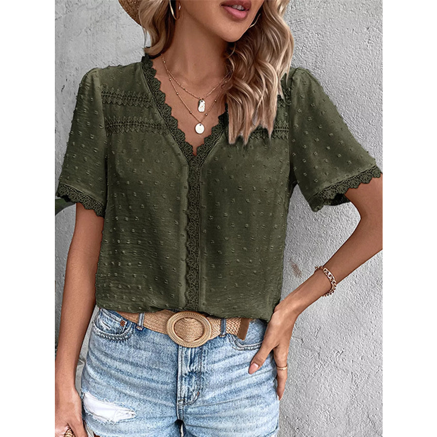 Elegant Swiss Dot V-Neck Blouse with Lace Trim Army Green / S Apparel and Accessories