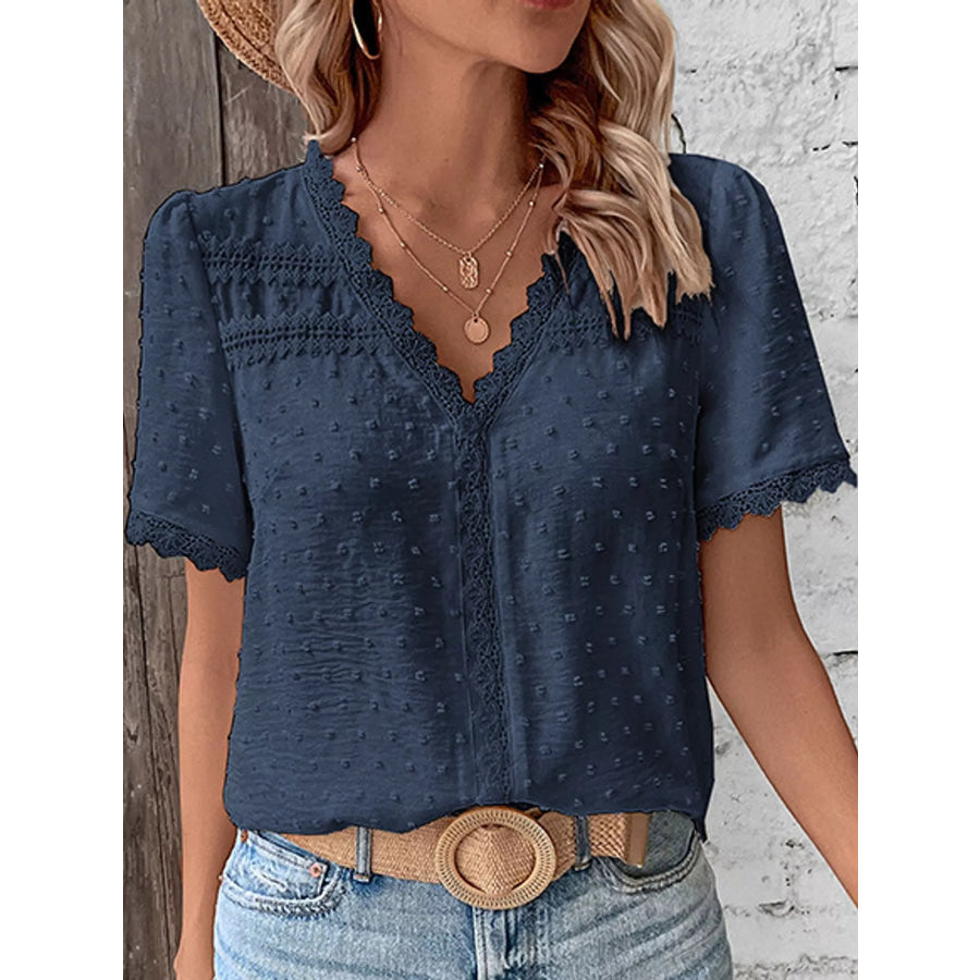 Elegant Swiss Dot V-Neck Blouse with Lace Trim Navy / S Apparel and Accessories