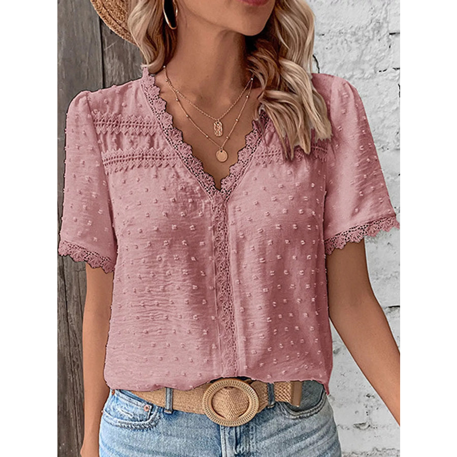 Elegant Swiss Dot V-Neck Blouse with Lace Trim Pink / S Apparel and Accessories