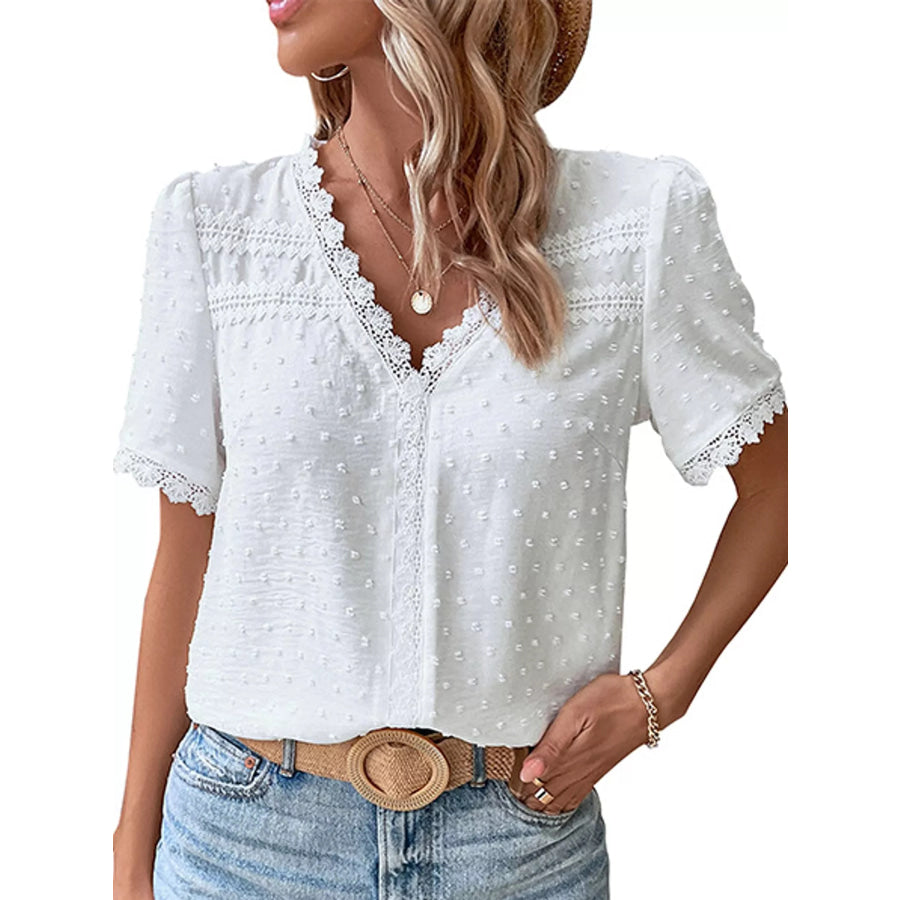 Elegant Swiss Dot V-Neck Blouse with Lace Trim White / S Apparel and Accessories