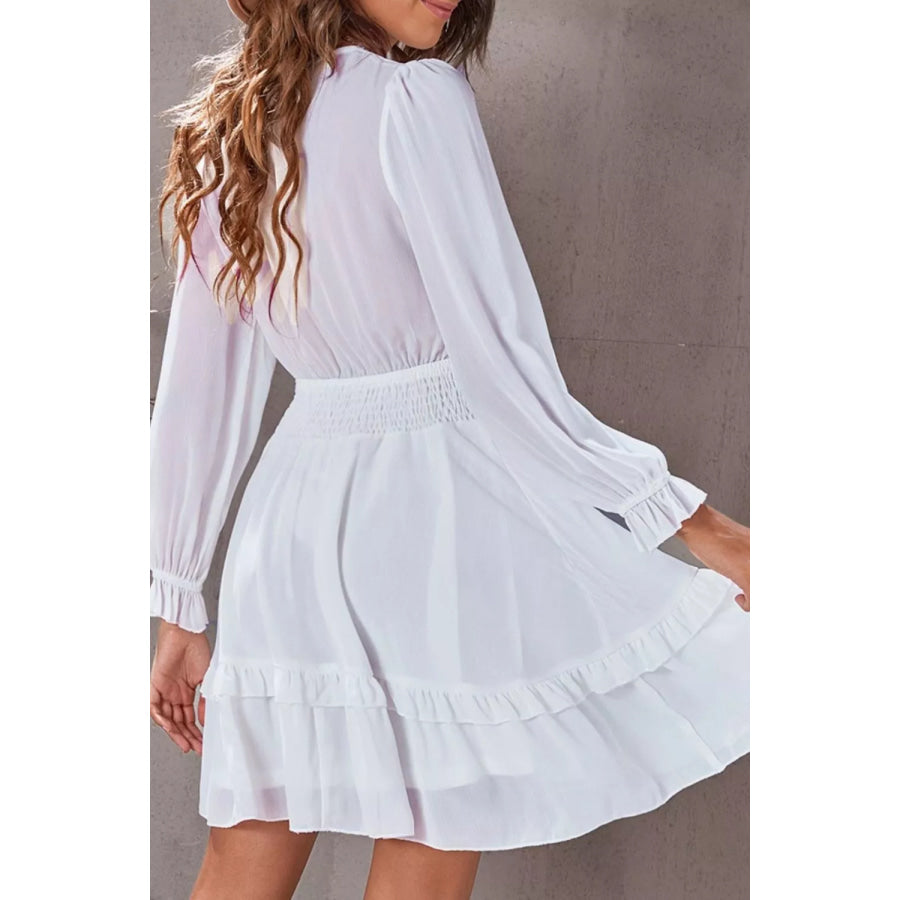 Elegant Tie-Front Ruffle Mini Dress with Smocked Wiast Apparel and Accessories
