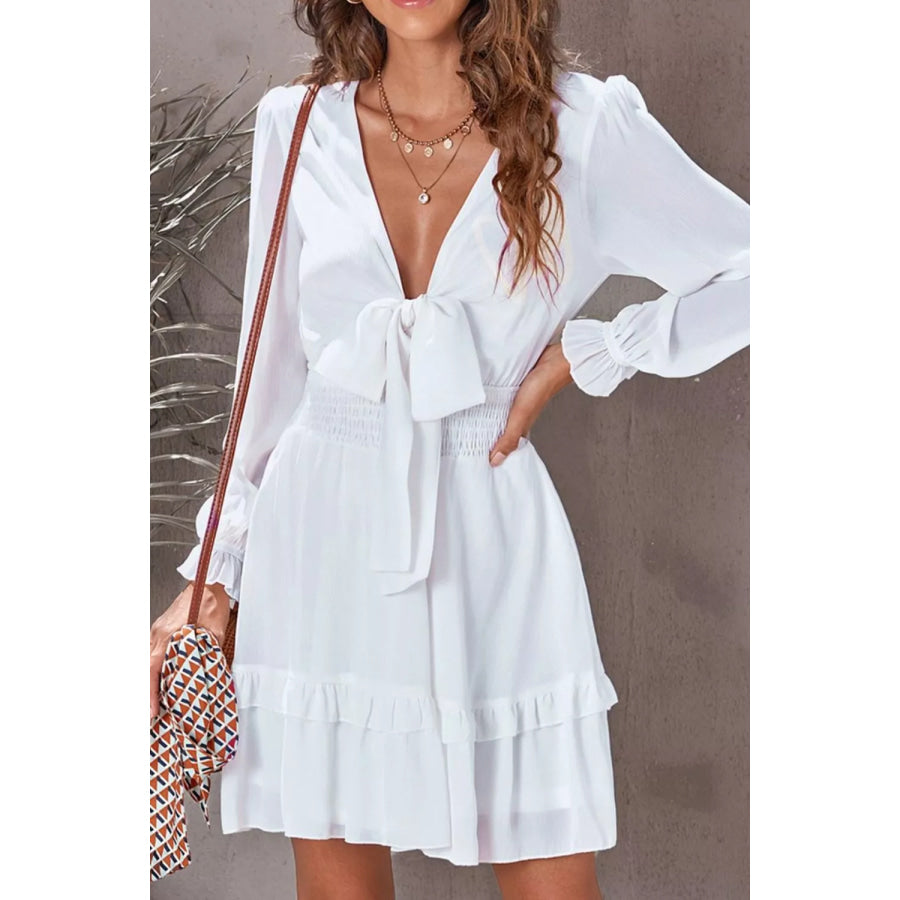 Elegant Tie-Front Ruffle Mini Dress with Smocked Wiast Apparel and Accessories