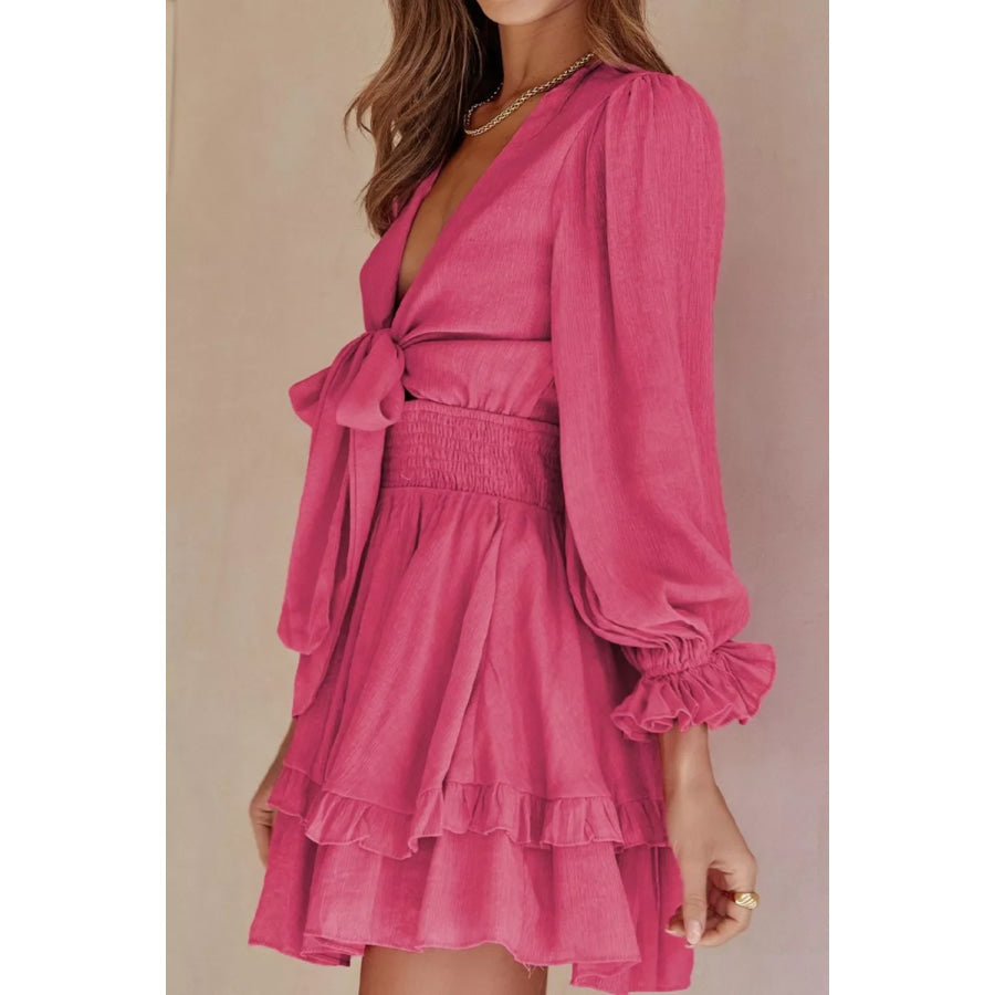 Elegant Tie-Front Ruffle Mini Dress with Smocked Wiast Apparel and Accessories