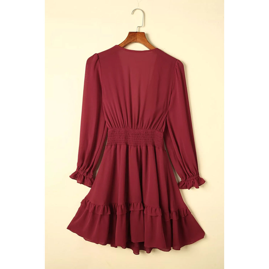 Elegant Tie-Front Ruffle Mini Dress with Smocked Wiast Apparel and Accessories