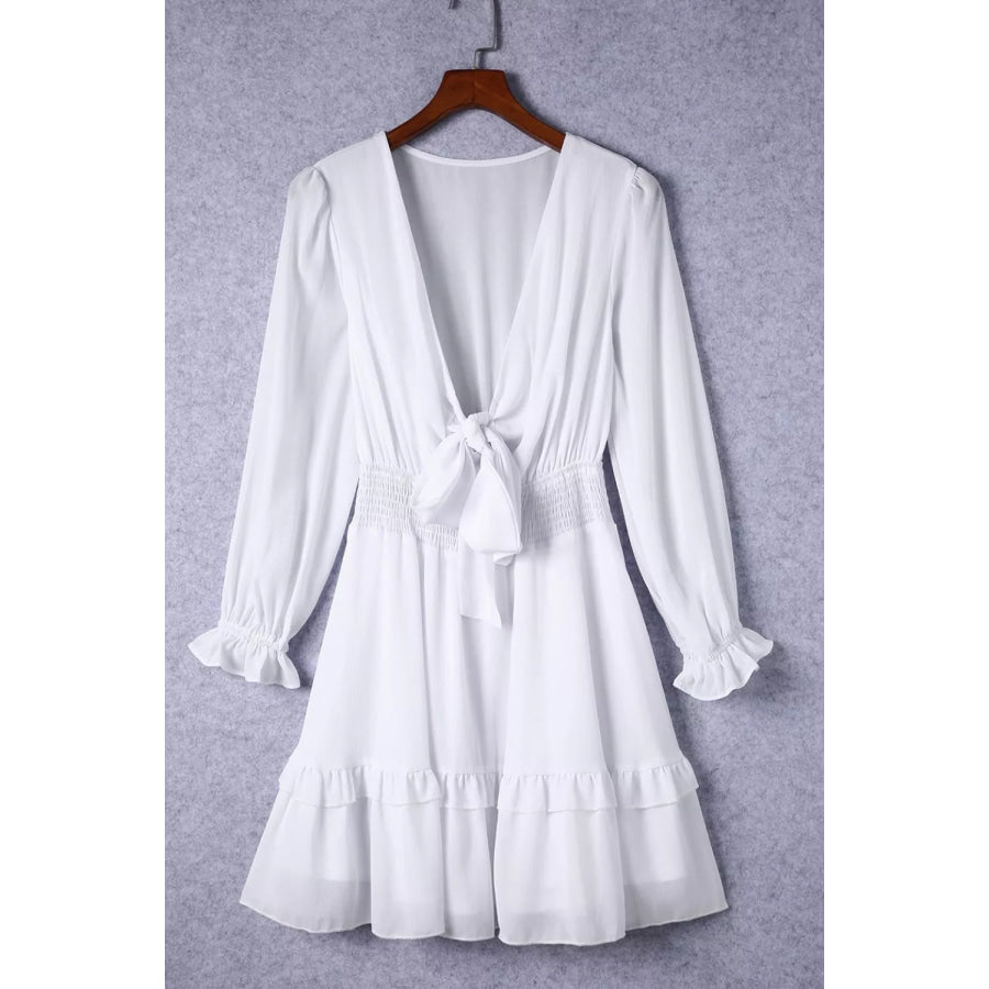Elegant Tie-Front Ruffle Mini Dress with Smocked Wiast Apparel and Accessories