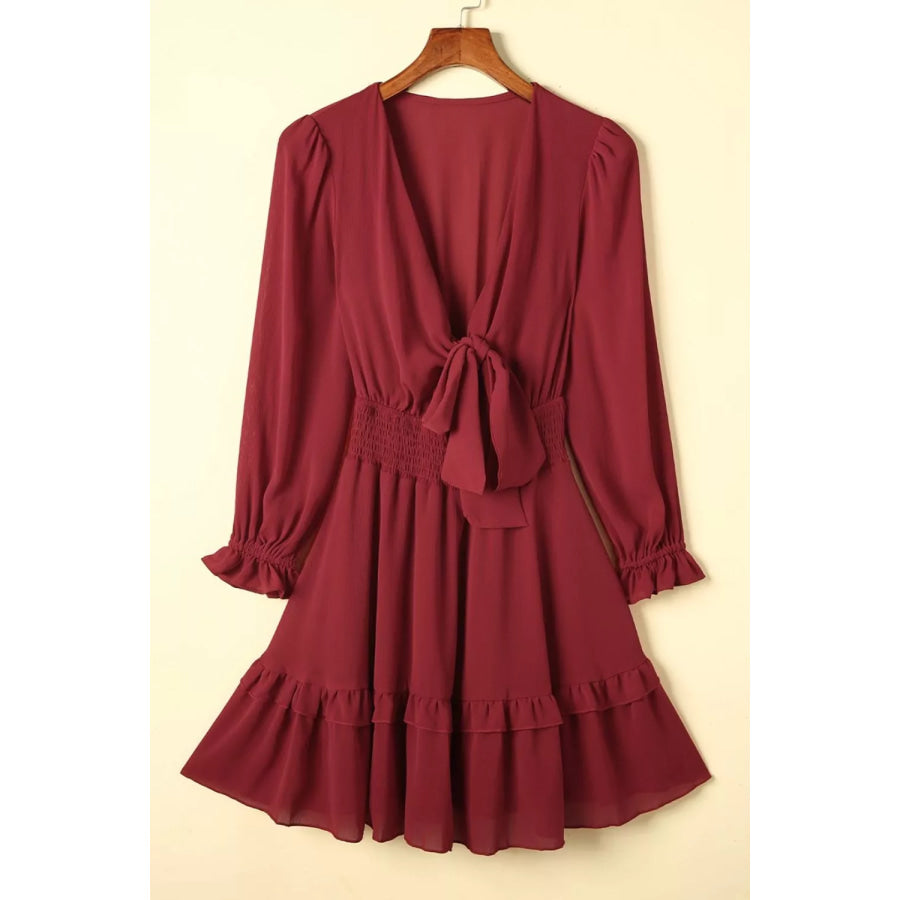 Elegant Tie-Front Ruffle Mini Dress with Smocked Wiast Apparel and Accessories
