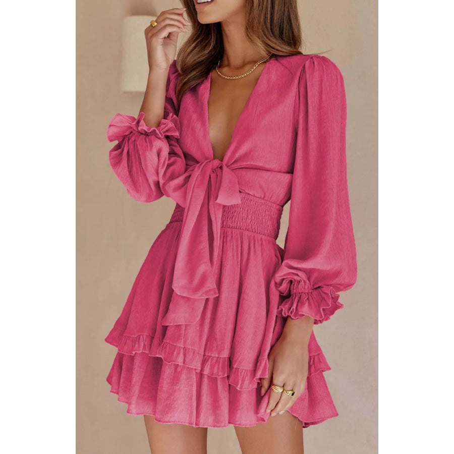 Elegant Tie-Front Ruffle Mini Dress with Smocked Wiast Apparel and Accessories