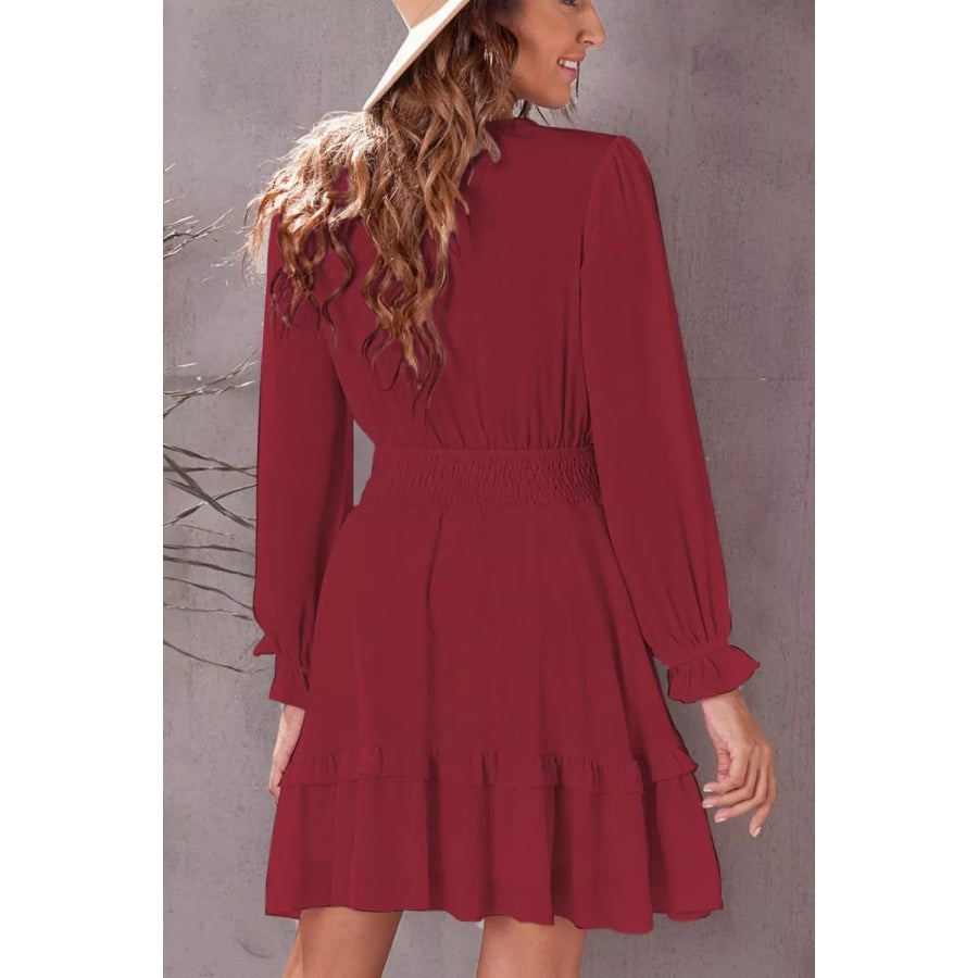 Elegant Tie-Front Ruffle Mini Dress with Smocked Wiast Apparel and Accessories