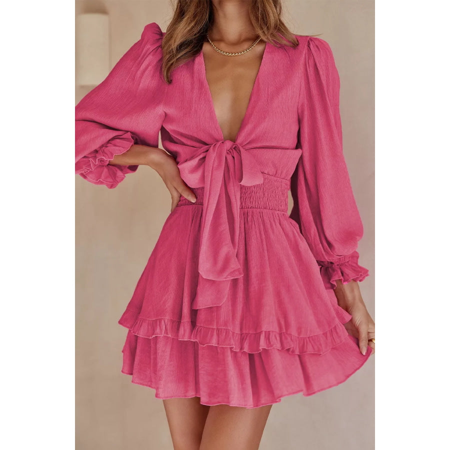 Elegant Tie-Front Ruffle Mini Dress with Smocked Wiast Hot Pink / S Apparel and Accessories