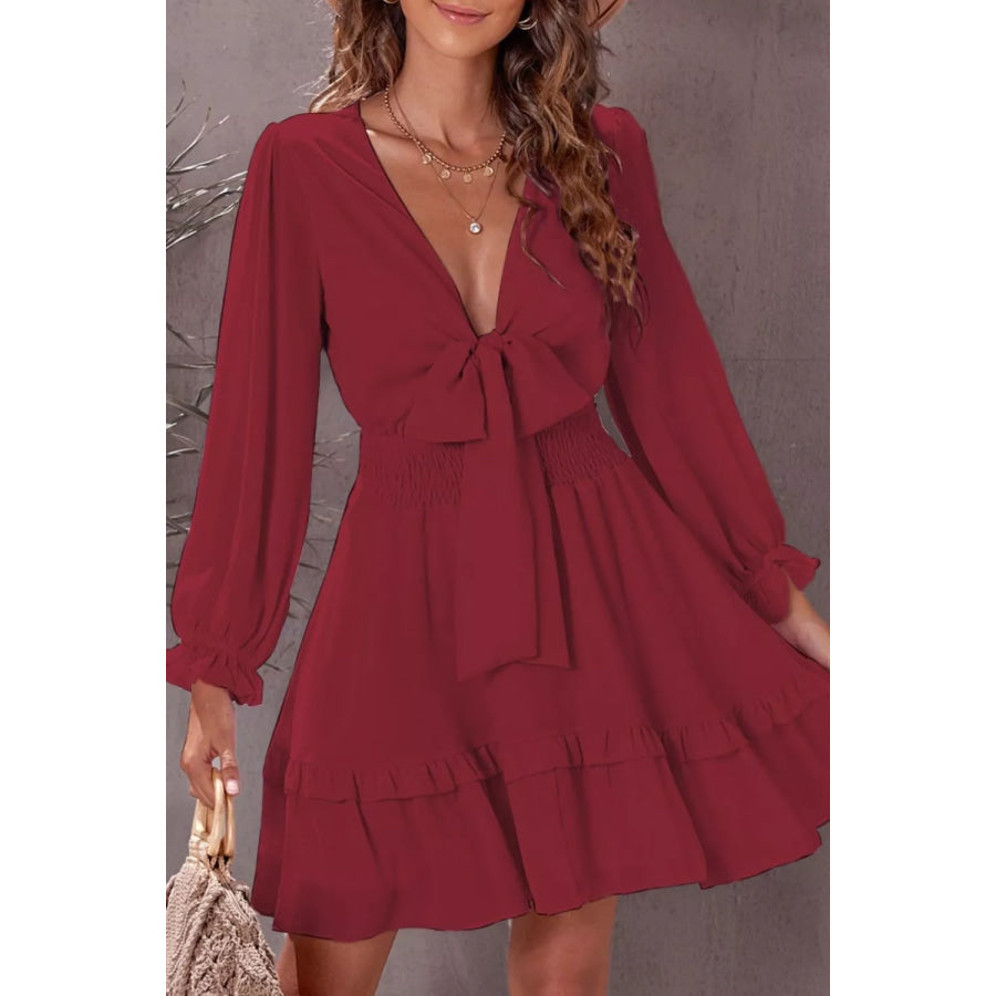 Elegant Tie-Front Ruffle Mini Dress with Smocked Wiast Rust / S Apparel and Accessories