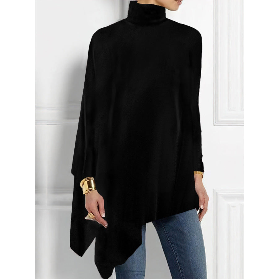 Elegant Turtleneck Asymmetric Hem Top Black / S Apparel and Accessories