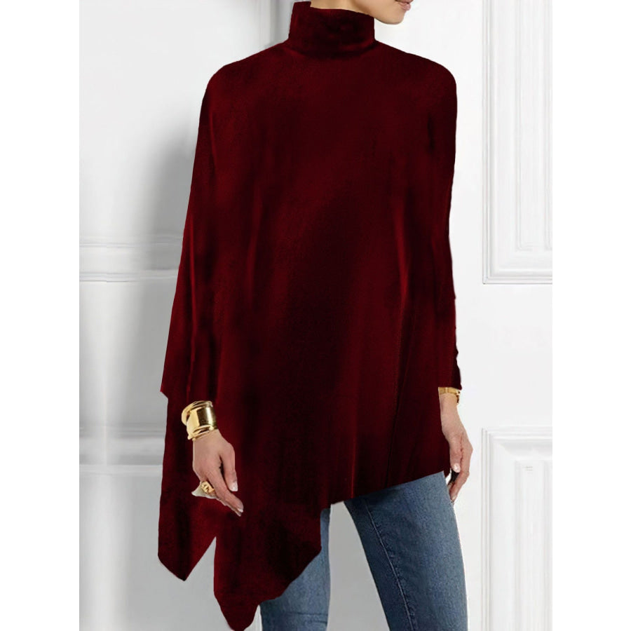 Elegant Turtleneck Asymmetric Hem Top Burgundy / S Apparel and Accessories