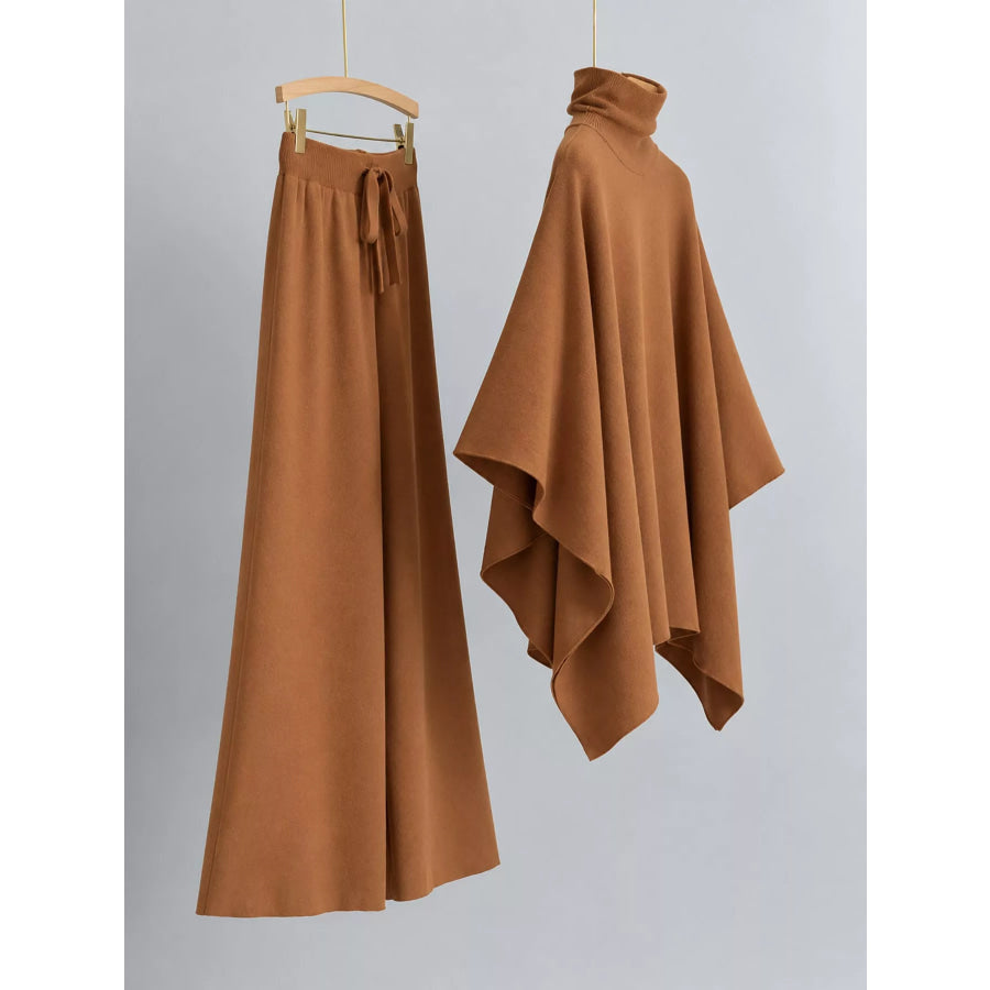 Elegant Turtleneck Poncho Sweater and Wide-Leg Knit Pants Set Apparel Accessories