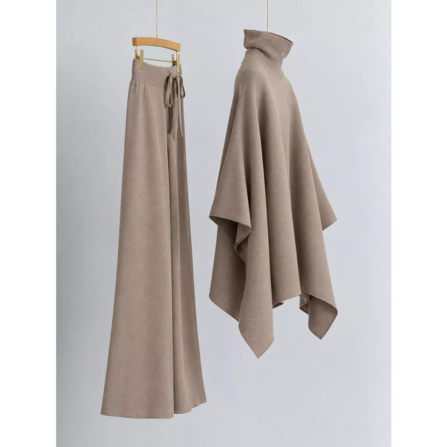 Elegant Turtleneck Poncho Sweater and Wide-Leg Knit Pants Set Apparel Accessories