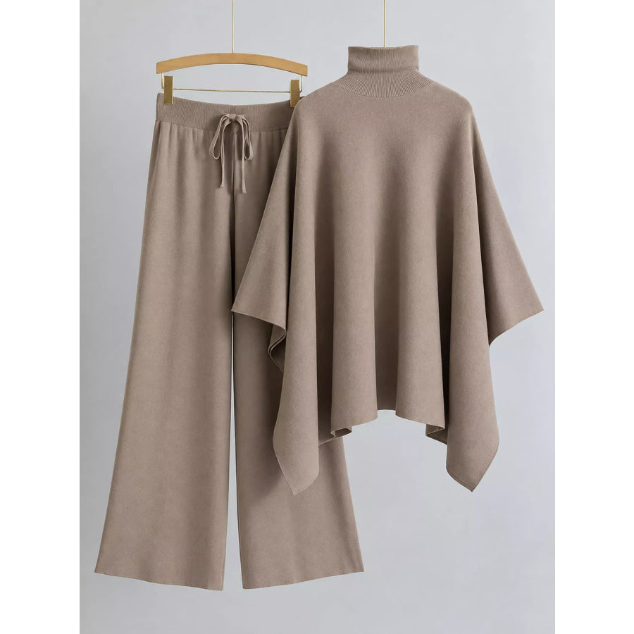 Elegant Turtleneck Poncho Sweater and Wide-Leg Knit Pants Set Apparel Accessories
