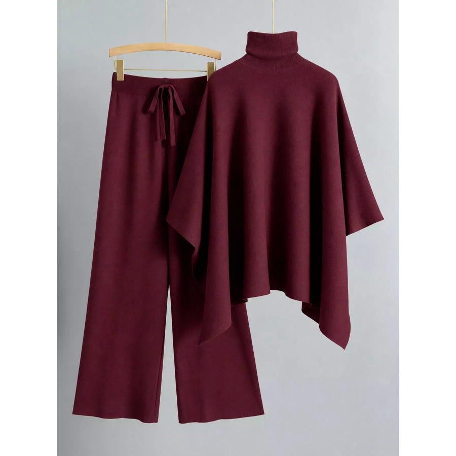 Elegant Turtleneck Poncho Sweater and Wide-Leg Knit Pants Set Apparel Accessories