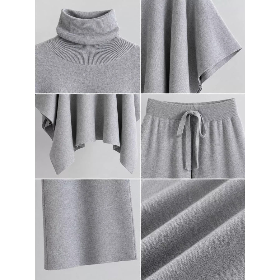 Elegant Turtleneck Poncho Sweater and Wide-Leg Knit Pants Set Apparel Accessories