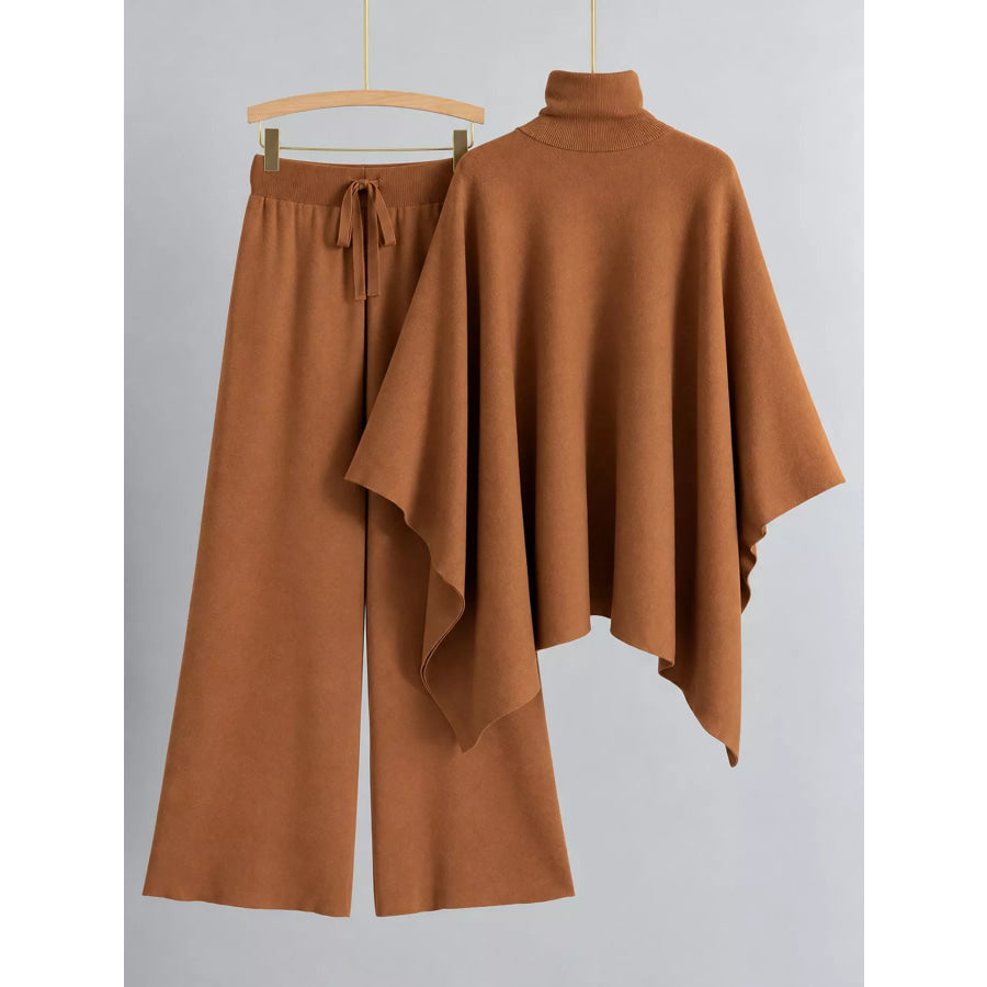 Elegant Turtleneck Poncho Sweater and Wide-Leg Knit Pants Set Apparel Accessories