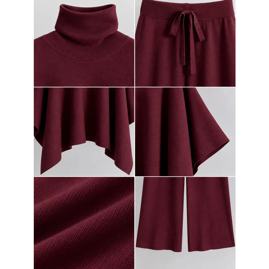 Elegant Turtleneck Poncho Sweater and Wide-Leg Knit Pants Set Apparel Accessories
