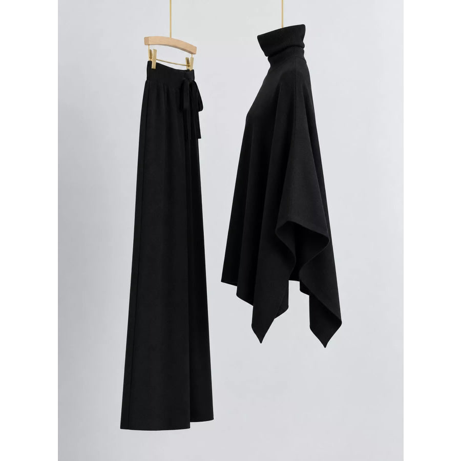 Elegant Turtleneck Poncho Sweater and Wide-Leg Knit Pants Set Apparel Accessories