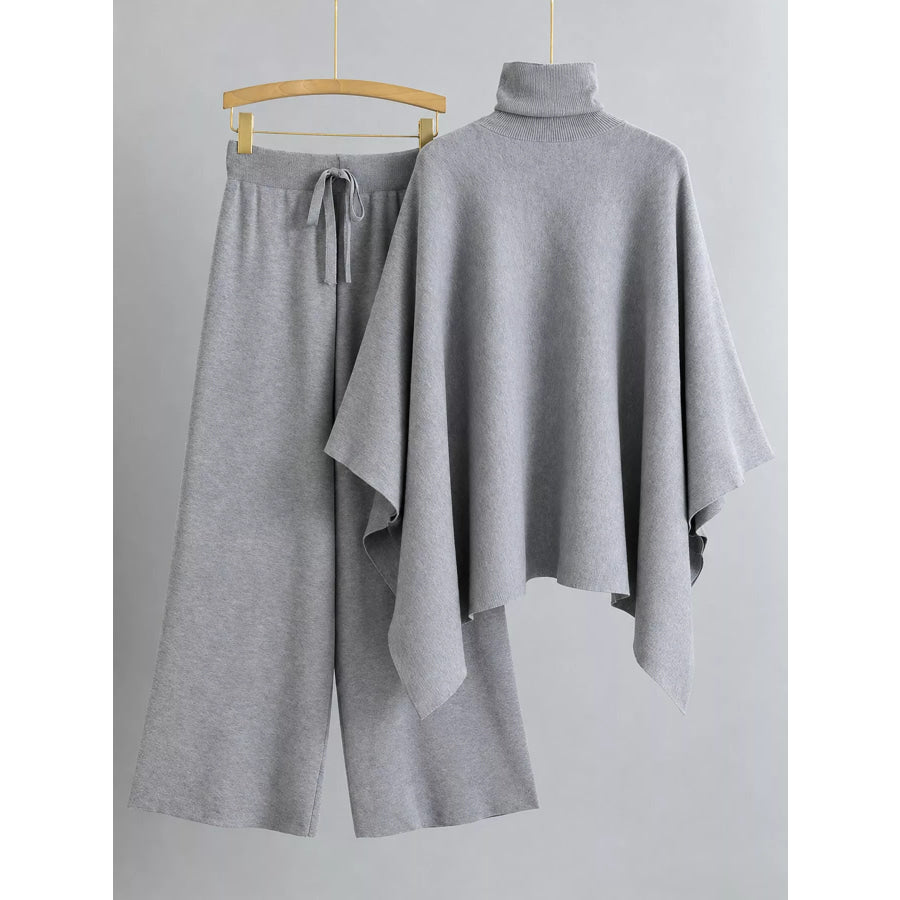 Elegant Turtleneck Poncho Sweater and Wide-Leg Knit Pants Set Apparel Accessories