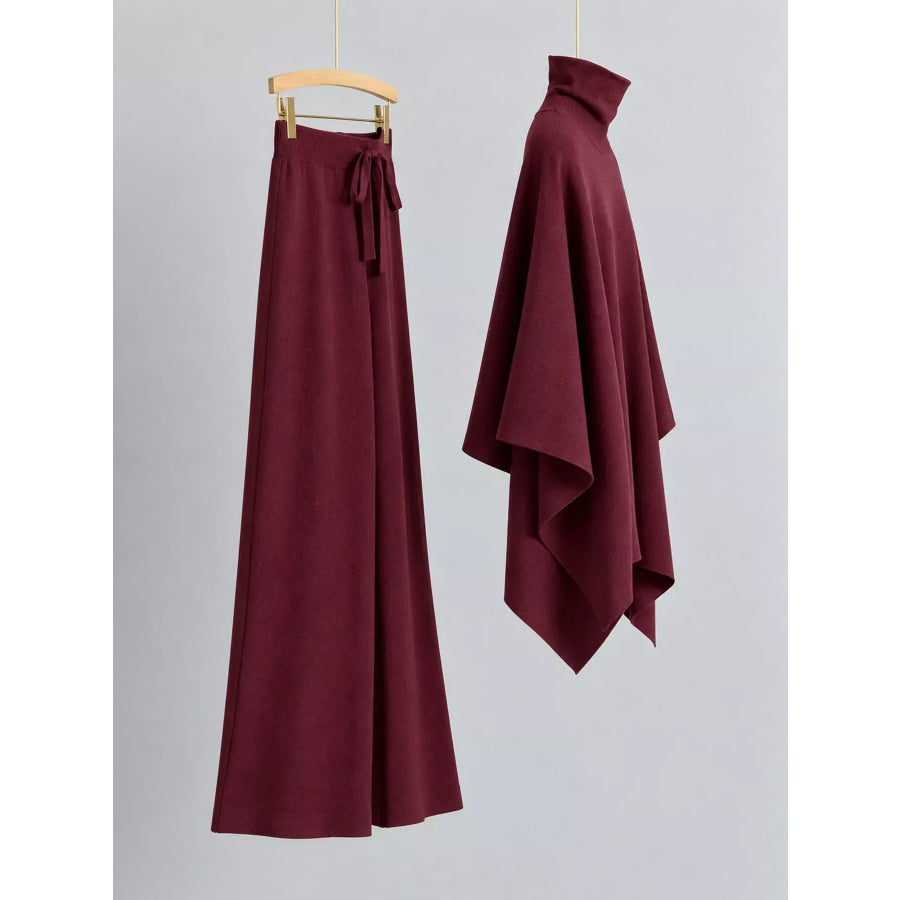 Elegant Turtleneck Poncho Sweater and Wide-Leg Knit Pants Set Apparel Accessories