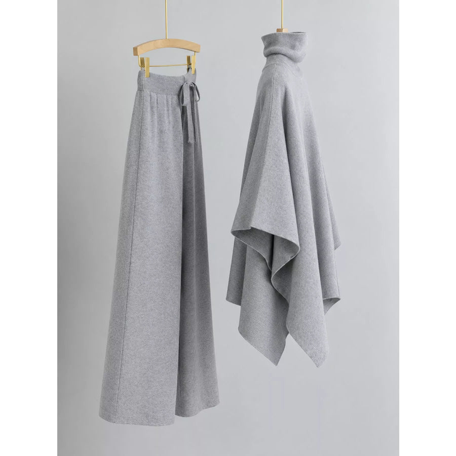 Elegant Turtleneck Poncho Sweater and Wide-Leg Knit Pants Set Apparel Accessories