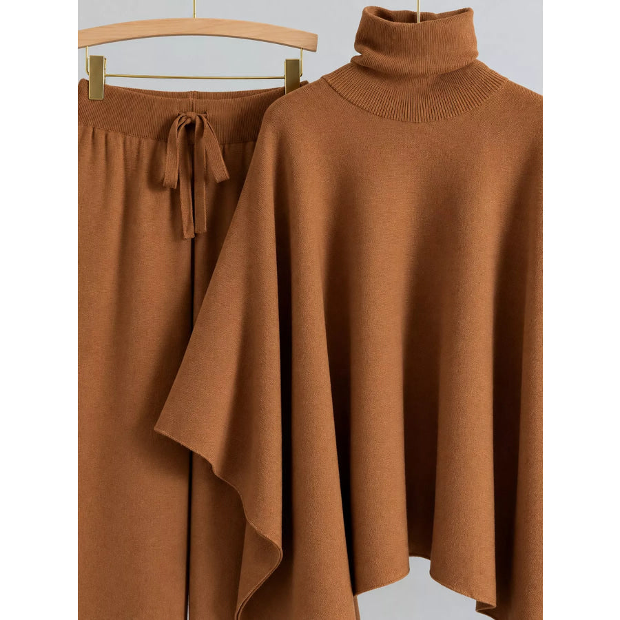 Elegant Turtleneck Poncho Sweater and Wide-Leg Knit Pants Set Apparel Accessories