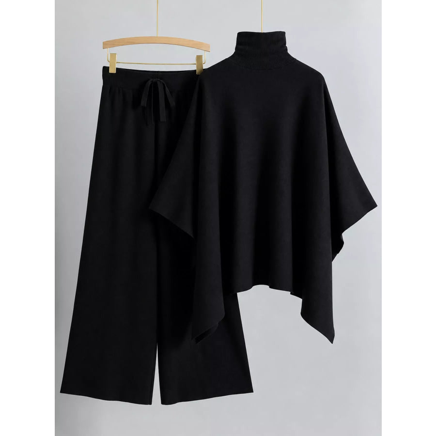 Elegant Turtleneck Poncho Sweater and Wide-Leg Knit Pants Set Apparel Accessories