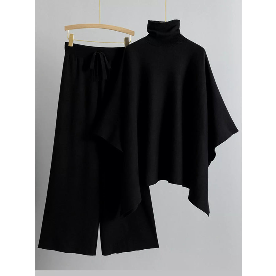 Elegant Turtleneck Poncho Sweater and Wide-Leg Knit Pants Set Black / One Size Apparel Accessories