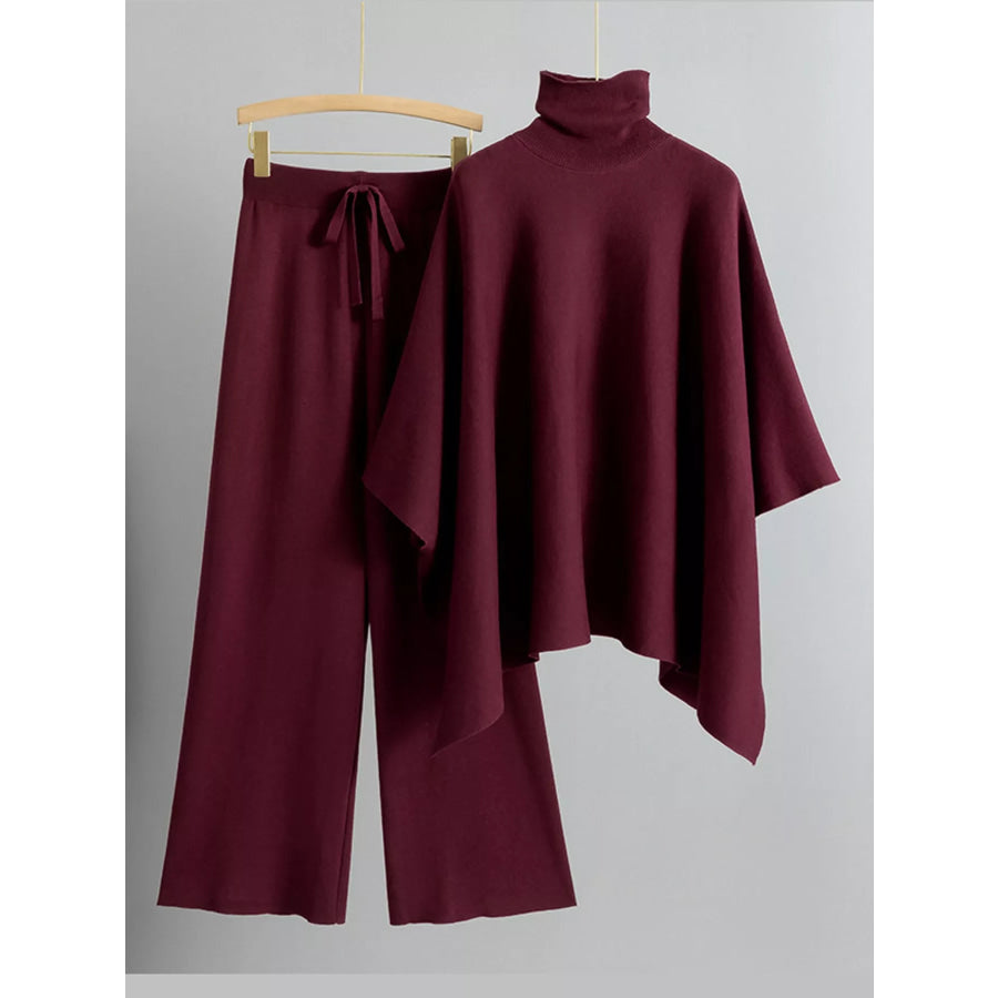 Elegant Turtleneck Poncho Sweater and Wide-Leg Knit Pants Set Burgundy / One Size Apparel Accessories