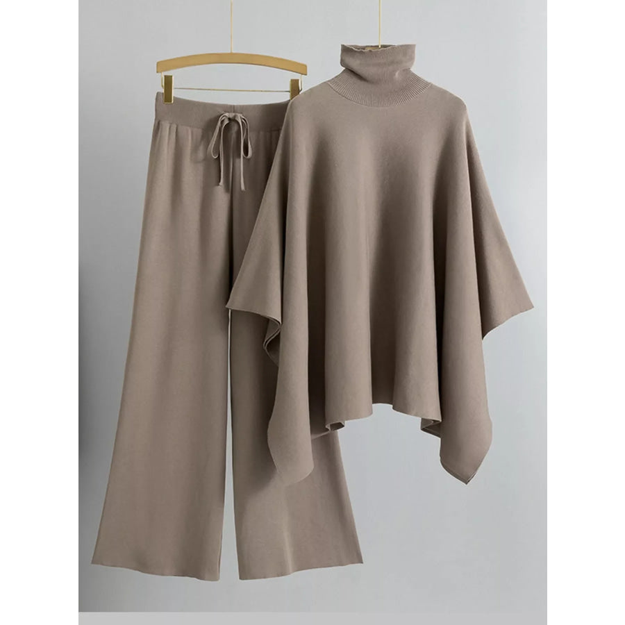 Elegant Turtleneck Poncho Sweater and Wide-Leg Knit Pants Set Camel / One Size Apparel Accessories