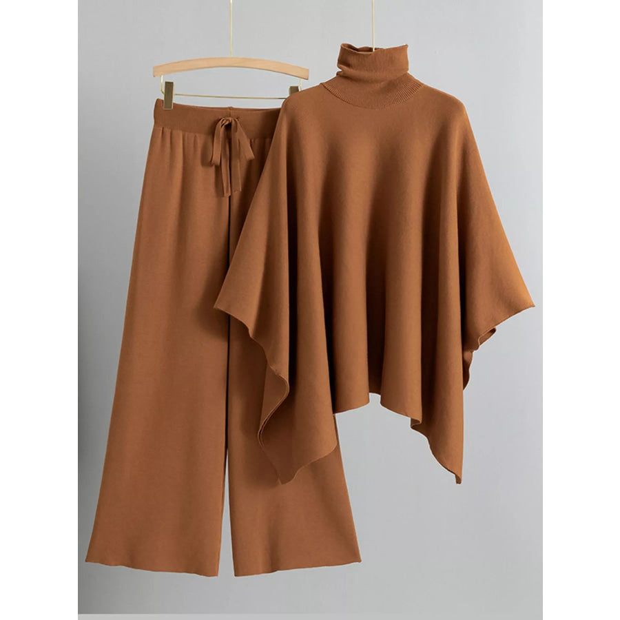 Elegant Turtleneck Poncho Sweater and Wide-Leg Knit Pants Set Coffee / One Size Apparel Accessories