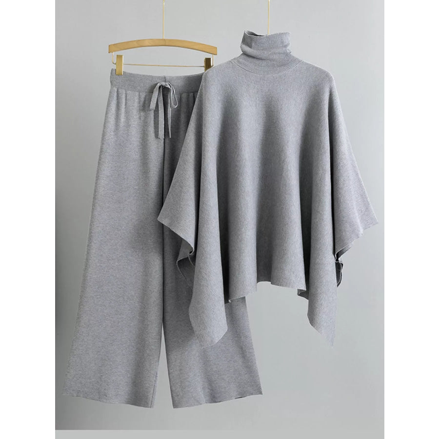 Elegant Turtleneck Poncho Sweater and Wide-Leg Knit Pants Set Gray / One Size Apparel Accessories