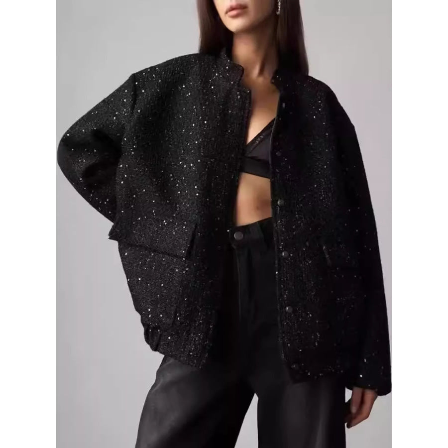 Elegant Tweed Bomber Jacket with Front Pockets Black / XS Apparel and Accessories