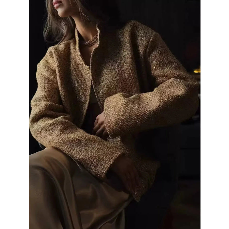 Elegant Tweed Bomber Jacket with Front Pockets Gold / XS Apparel and Accessories