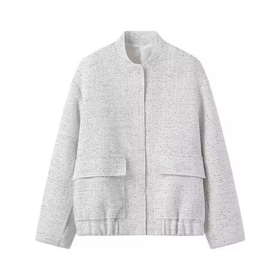 Elegant Tweed Bomber Jacket with Front Pockets White / XS Apparel and Accessories