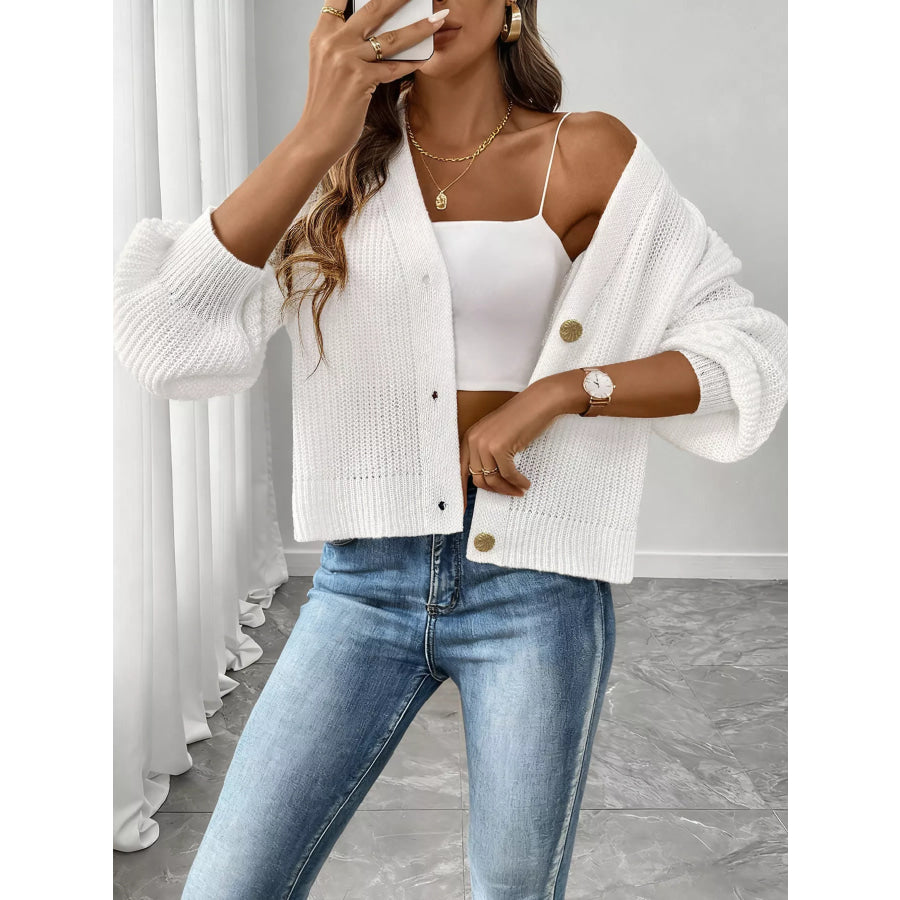 Elegant V-Neck Button-Down Ribbed Knit Cardigan Apparel and Accessories
