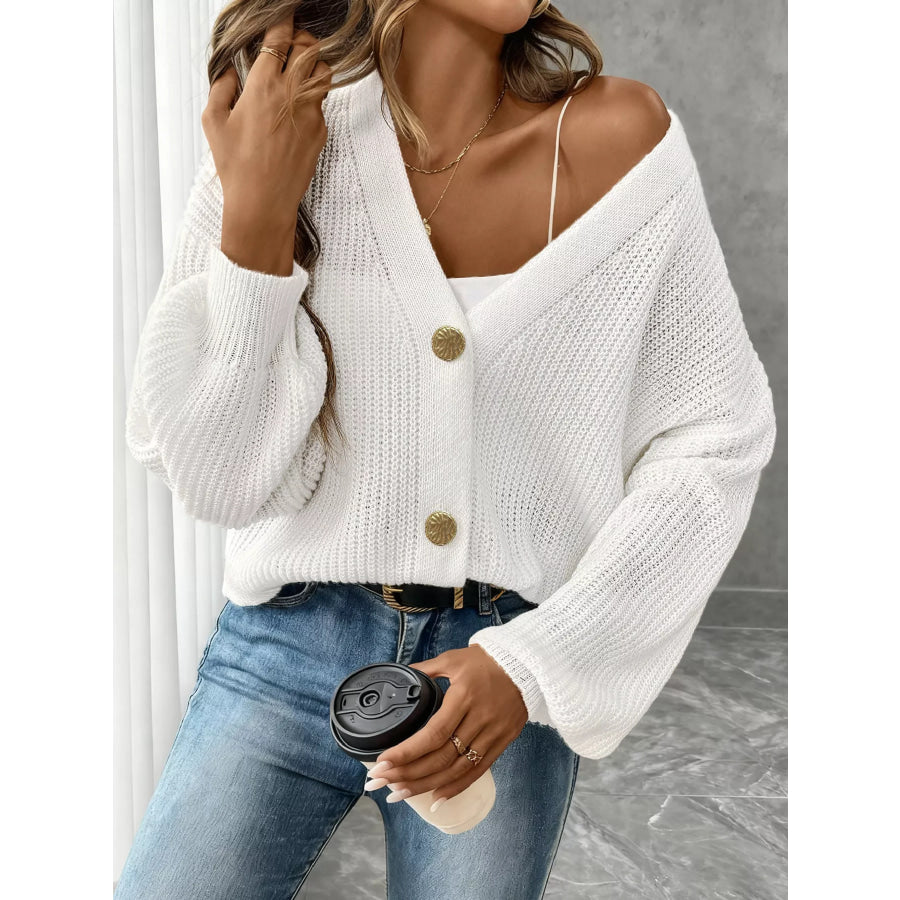 Elegant V-Neck Button-Down Ribbed Knit Cardigan Apparel and Accessories
