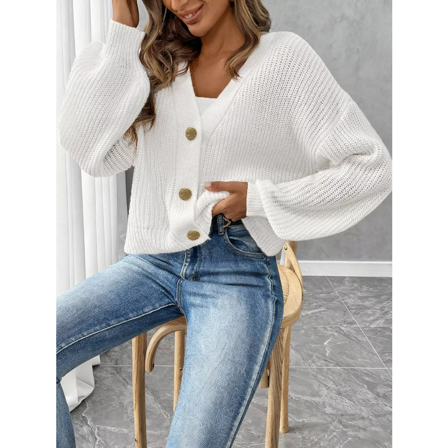 Elegant V-Neck Button-Down Ribbed Knit Cardigan Apparel and Accessories