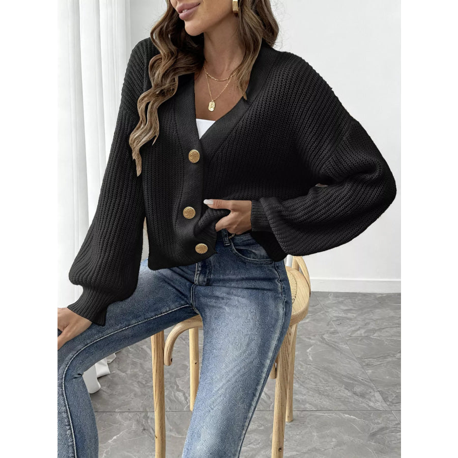 Elegant V-Neck Button-Down Ribbed Knit Cardigan Apparel and Accessories