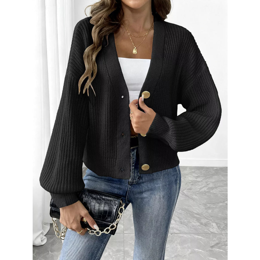 Elegant V-Neck Button-Down Ribbed Knit Cardigan Black / S Apparel and Accessories