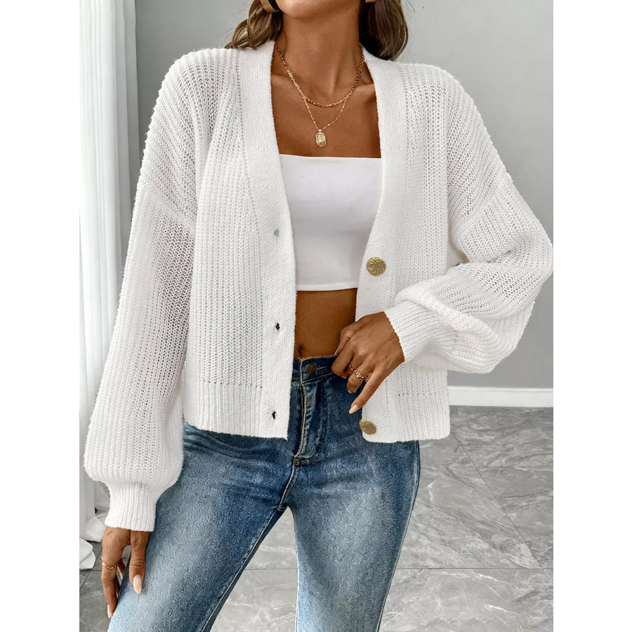 Elegant V-Neck Button-Down Ribbed Knit Cardigan White / S Apparel and Accessories